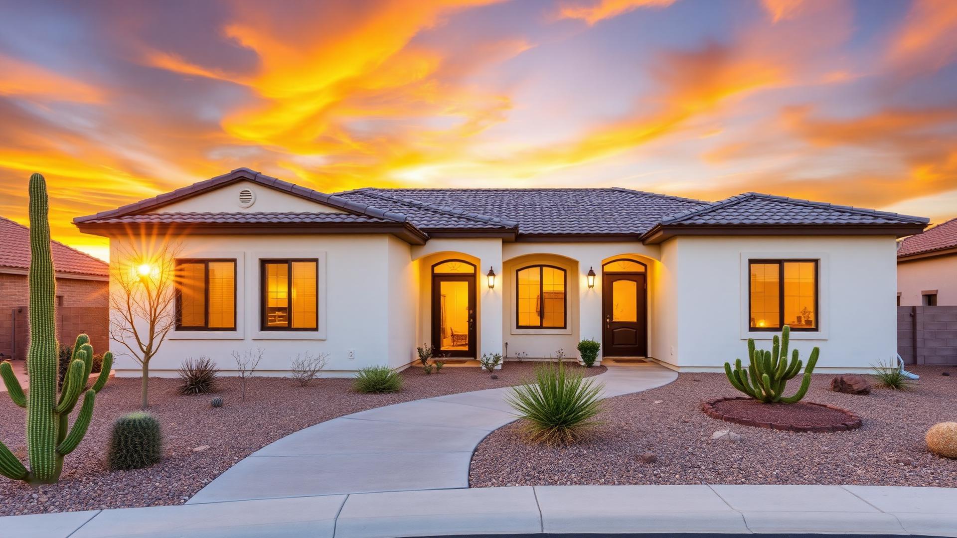 Beautifully painted Arizona stucco home exterior at sunset in Mesa, AZ